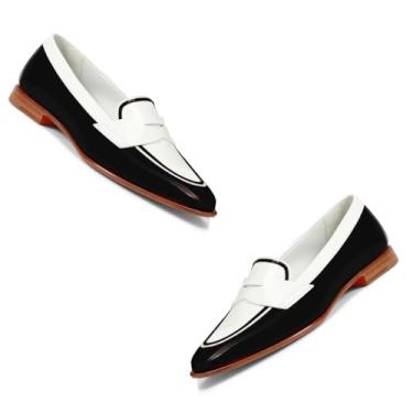 Imagem de Dystralix Mocassim feminino sem cadarço em dois tons, bico redondo, salto plano, mocassins casuais de 2,5 cm, salto baixo, oxford, confortável, chique, colorblock para escritório, básico, 4-11 M EUA