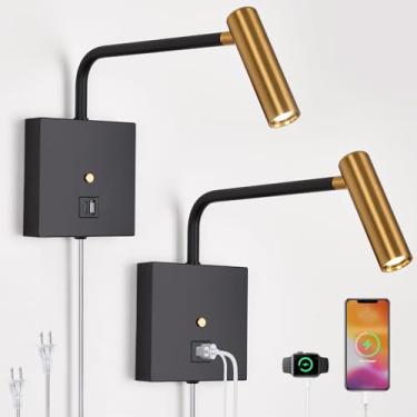 Imagem de ZEROUNO Lâmpada de parede de LED, luzes de leitura montadas na parede, regulável, tomada de cabeceira ajustável, arandela de parede com portas USB C+A, iluminação de parede LED interna para cabeceira