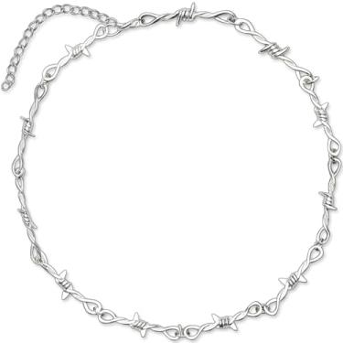 Imagem de LuxGoth Colar de arame farpado de aço inoxidável com espinhos, gótico, punk rock, emoção, motociclista, cosplay, vintage, amuleto, ajustável, joia para homens e mulheres, prata GTS-N1D60100