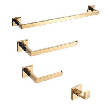 Imagem de Toalheiro dourado para banheiro, barra de toalha, suporte para papel higiênico, gancho para roupão, acessórios de aço inoxidável para montagem na parede, conjunto dourado, A