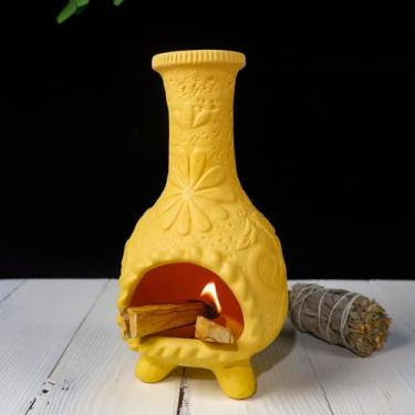 Imagem de MOUGIGI Alívio floral amarelo Palo Santo Suporte para queimador inspirado em mini chaminé mexicana, chaminé para manchas de sálvia/cones de incenso/varas para rituais de altar/zen, decoração feita à