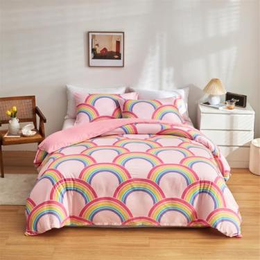 Imagem de URLINENS Conjunto de edredom casal rosa para meninas, que brilha no escuro, 3 peças, arco-íris com 2 fronhas, microfibra macia, lavável e leve em todas as estações