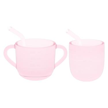 Imagem de VRCIT Conjunto de copos de treinamento de silicone à prova de vazamento (pacote com 2) - Copos de transição com canudo sem BPA para bebês de 6 a 12 meses, não tóxico e de grau alimentício (rosa)