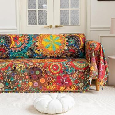 Imagem de Erbnaryx Capa de sofá Boho Capas de sofá borlas design para sofá seccional lavável 3 almofadas sofá sala de estar (A7, 180.3 cm x 299.7 cm)