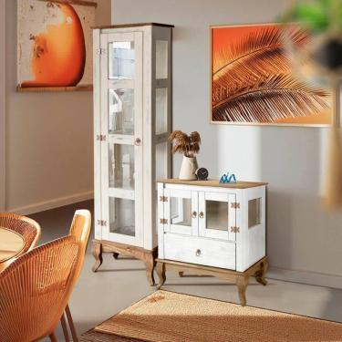 Imagem de Aparador Rústico Com Cristaleira Alta Branco Garapa D120VL D161VL Shop JM