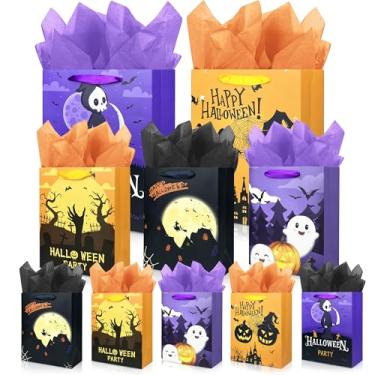 Imagem de MUMULULU Pacote com 10 sacos de feliz dia das bruxas, tamanhos variados, sacos de presente de papel para doces ou travessuras com alça e papel de seda para lembrancinhas de festa de Halloween