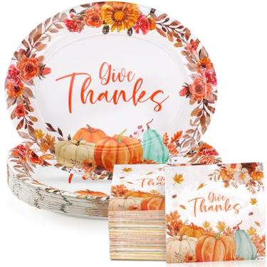 Imagem de 50 peças de pratos ovais e guardanapos de Ação de Graças, pratos ovais de papel de 25,4 x 31,8 cm e guardanapos de 16,5 cm, grande descartável, resistente, agradece por suprimentos de festa de Ação de