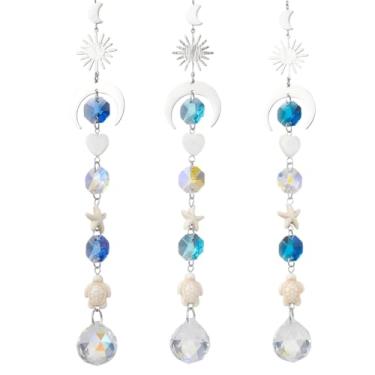 Imagem de CREATCABIN 3 peças, 3 cores, cristal, lua, suncatcher, oceano, carro, espelho, acessórios, prisma, estrela-do-mar, tartaruga, carro, charme, retrovisor, decoração para ornamento, janela, jardim, sinos