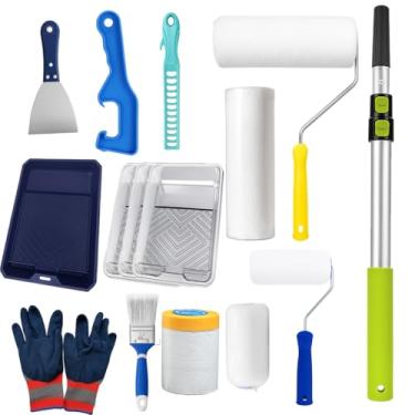 Imagem de Kit de rolo de pintura com mastro de extensão - conjunto de pintura de parede profissional de 15 peças com molduras de rolo de 23 cm e 10 cm, capas de microfibra, bandeja de tinta, forros, pincel