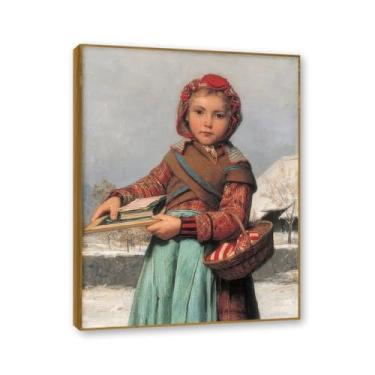 Imagem de Moldura externa de teca. Famosas pinturas a óleo, (estudantes do sexo feminino) por Albrecht Anker, reprodução impressa em tela, arte de cenário para decoração de sala de estar. 40 x 50 cm - 15,8 x