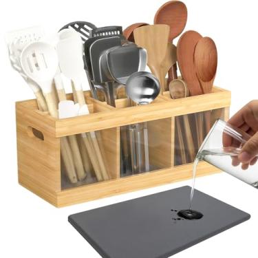 Imagem de Wcatubao Suporte de utensílios de cozinha de bambu, organizador grande de talheres, colher de cozinha e suporte de pauzinhos com 6 compartimentos para bancada, decoração de cozinha de fazenda