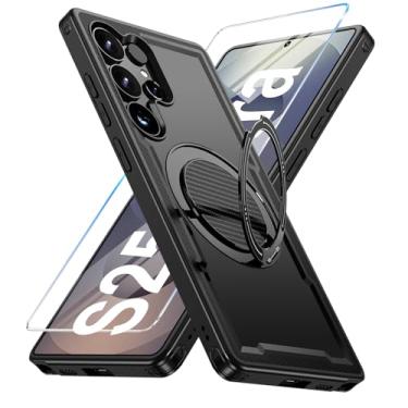 Imagem de Capa para Samsung Galaxy S25 Ultra compatível com Mag-Safe, suporte de anel giratório 360, capa com suporte magnético, capa de telefone à prova de choque de grau militar, com protetor de tela, TPU e