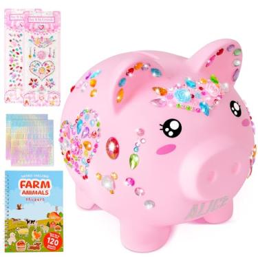Imagem de Primo Lines Cofrinho infantil para meninas diamante fofo cofrinho com livro de adesivos de animais divertidos, nome DIY, cofrinho inquebrável, caixa criativa para crianças pequenas, presentes de