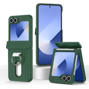 Imagem de Capa para Samsung Galaxy Z Flip6 com suporte para cartão, anel de proteção com dobradiça, capa protetora rígida à prova de choque (para Samsung Galaxy Z Flip6/verde escuro)
