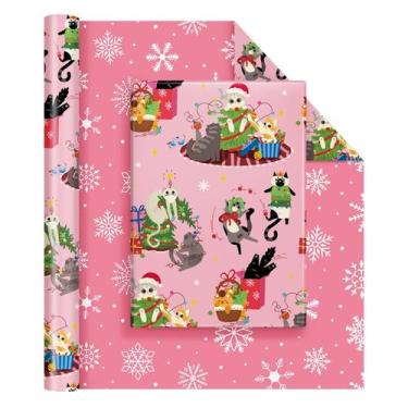 Imagem de Rollo de Papel de Regalo Navideño con Gatos WERNNSAI 43 x 10 m Rosa