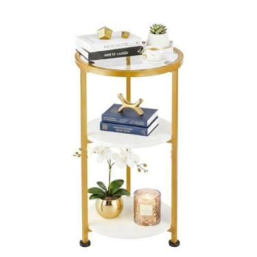 Imagem de ZEXVIDA Mesa lateral de vidro, pequena mesa lateral redonda de vidro temperado com prateleiras de armazenamento de 3 camadas para espaços pequenos, mesa de canto redonda de vidro moderna para sala de