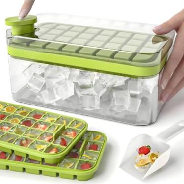 Imagem de Forma de Gelo Dupla Camada com Tampa, 64 Cubos, Verde, Recipiente Transparente com Colher, Bandeja Empilhável para Coquetéis e Drinks