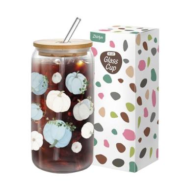 Imagem de Zhirlyn Copo de vidro de abóbora de 473 ml com tampa e canudo - Copos de Dia das Bruxas de Ação de Graças para Café Gelado, Copos com Tema de Outono, Presente Estético para Mulheres e Homens (Azul e