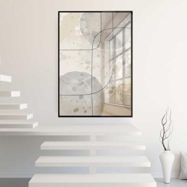 Imagem de Quadro Decorativo com Moldura e Acrilico Cristal Vidro Abstrato linhas Bege Cinza Marrom Sala Quarto Hall