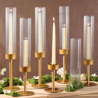 Imagem de Volens Castiçais de vidro Hurricane dourado: conjunto de 6 castiçais cônicos com cilindro nervurado 28 cm de altura capa de chaminé à prova de vento para mesa externa/interna, decoração de casa de