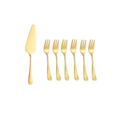 Imagem de Genérico, Espatula e Garfos de Bolo Dourado Sobremesa Inox Kit 7un
