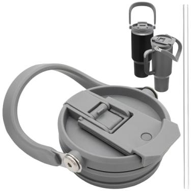 Imagem de Tampa flip de canudo de 1,18 l para copo Stanley Quencher de viagem de 1,2 L, tampa de substituição com canudo, fácil de transportar (cinza)