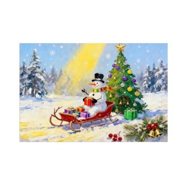 Imagem de Quadro parede Natal-Trenó boneco neve-Pintura inverno em tela-Pôster impressões paisagens para decoração sala de estar 20x30cm Sem Moldura