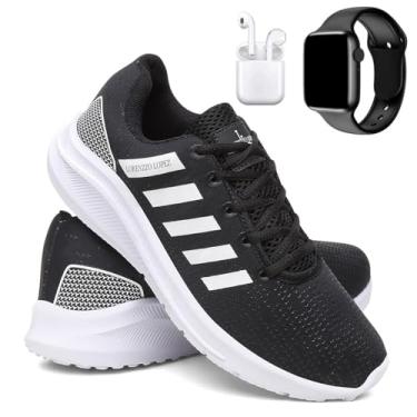 Imagem de Kit Tênis Masculino Corrida e Caminhada Super Leve e Macio + Fone e Relógio Digital - Preto-Branco/43