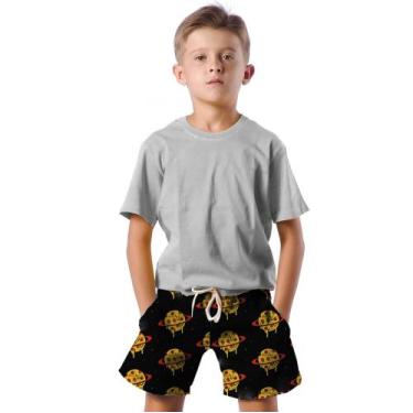 Imagem de Shorts Infantil Bermuda Calção Praia Verão Planeta Pizza Food Space 15