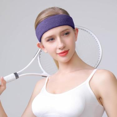 Imagem de Faixa de cabeça esportiva para homens e mulheres – Faixa de suor atlética de algodão felpudo para tênis, basquete, corrida, academia, malhar (roxo escuro)