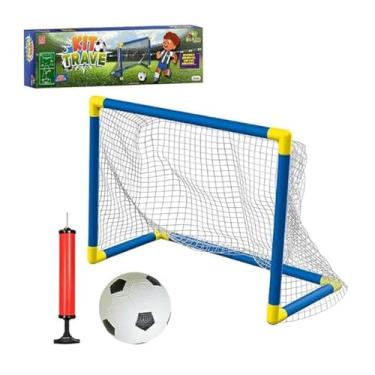 Imagem de Kit Trave de Futebol Infantil com Bola e Rede, Estrutura Azul e Amarela, Portátil, Conjunto para Treinamento e Diversão