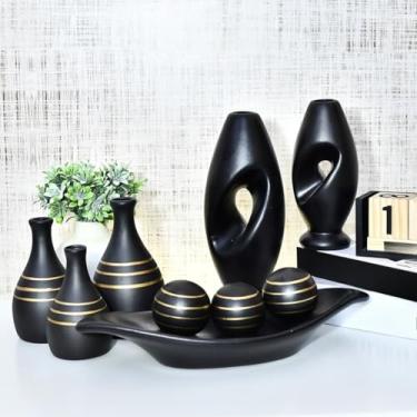 Imagem de Kit 9 Jarros Decorados Trio Vaso Ceramica Enfeite Centro Mesa Sala Enfeite Casa Rack Aparador Nicho Jarros Decorativos Para Sala(PRETO RISCA 9PÇS)