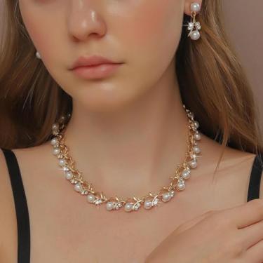 Imagem de Conjunto de joias para noivas douradas para mulheres, gargantilha de luxo, colar de pérola, brincos, vestido de noiva, conjuntos de colares modernos