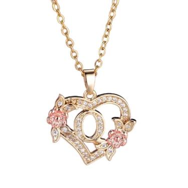 Imagem de Colar feminino com pingente de coração e flor, 26 letras, ouro de aço inoxidável - joia personalizada em tom, Onesize, Aço inoxidável, Strass