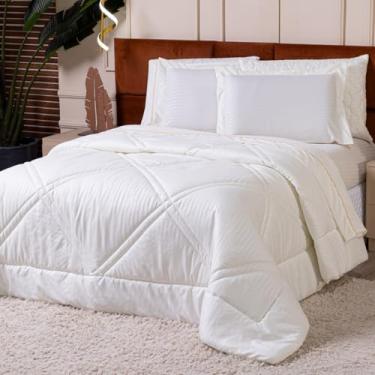 Imagem de Kit Edredom Cobertor SOLTEIRO 02 Peças Mônaco Fitado Percal Soft 300 Fios com Fronha - Dupla Face Listrado Acetinado Brilhante Toque Macio Cheio Grosso (Palha)