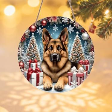 Imagem de Design plano de animais de Natal 2D, pôsteres e estampas redondas de alumínio, presente engraçado para colegas de trabalho, irmão, irmãs, amigos (com corda (pastor alemão)