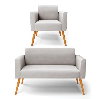 Imagem de Sofá Namoradeira Com Poltrona Pés Palito Castanho Marisa Veludo D03 - D\'rossi Cor Cinza