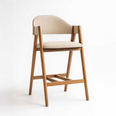 Imagem de Banqueta Alta com Encosto Estofado em Tecido Linho e Estrutura de Made