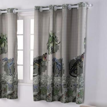 Imagem de Cortina Infantil, Poliéster 300 Fios, Estampa Digital, Branca com Detalhes, 2,00x1,50m, para Varão Simples (Dinos)