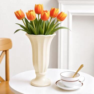 Imagem de GarDream Vaso de cerâmica minimalista canelado, de 25,4 cm, para flores, creme de fazenda, com base de pedestal, vasos decorativos altos para decoração de casa, sala de estar, mesa de jantar, centro