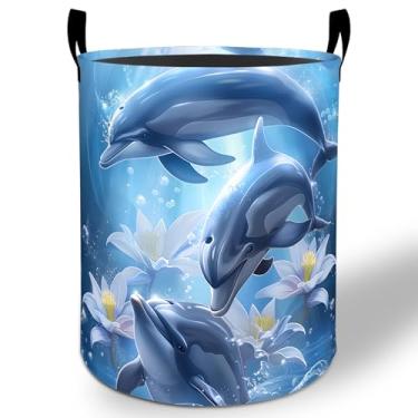 Imagem de Cesto de lavanderia Dolphin 50 x 40 cm, balde de armazenamento de roupas Oxford dobrável à prova d'água para quarto, banheiro, quarto, berçário, organizador de brinquedos, presentes para crianças