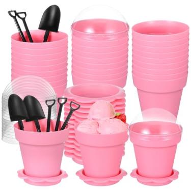 Imagem de 50 conjuntos de copos de sobremesa de vaso de flores com tampas, pá, bandeja inferior - potes de flores pequenos copo de bolo, sorvete, mousse, sorvete e recipientes de iogurte - DIY (rosa)