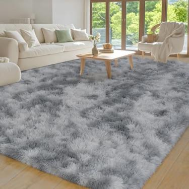 Imagem de Tapete para sala de estar, quarto, 12 x 18 cm, tapete felpudo ultramacio, moderno, tapete felpudo para meninos e meninas, berçário, decoração de casa, estética, antiderrapante, durável, tie-dye cinza