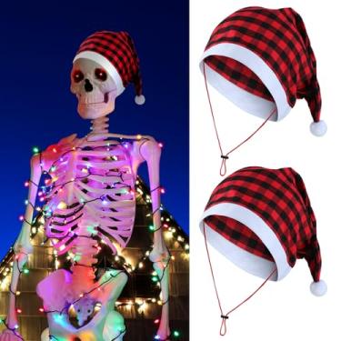 Imagem de Evervibe 2 peças de chapéu de Papai Noel gigante de esqueleto de 44 polegadas ajustável de Natal de veludo para Halloween ao ar livre (vermelho e preto, xadrez de búfalo)