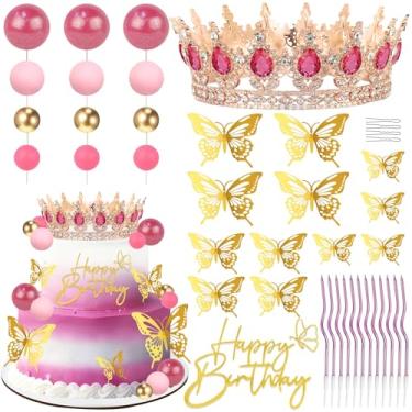 Imagem de Topo de bolo de coroa de aniversário, decorações de bolo com topo de bolo de feliz aniversário, bolas, borboletas douradas, Corona para pastel para mulheres, princesa, decoração de festa de casamento