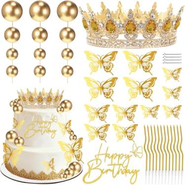 Imagem de Topo de bolo de coroa de aniversário, decorações de bolo com topo de bolo de feliz aniversário, bolas, borboletas douradas, Corona para pastel para mulheres, princesa, decoração de festa de casamento