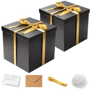 Imagem de Mefleet Pacote com 2 caixas de presente grandes com tampa para presentes de 30 x 30 x 30 cm, caixas pretas quadradas profundas extra grandes para Natal, aniversário, dia dos namorados, dia das mães