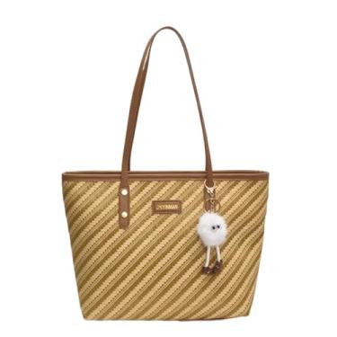 Imagem de CORIOS Bolsa feminina de couro PU, bolsa de ombro listrada com lindo pingente de pompom branco pasta de grande capacidade, Marrom, L, Elegante