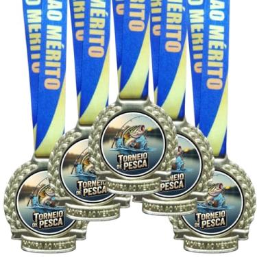 Imagem de Kit 5 Medalhas Para Pesca Premiação Esportes 60mm Com Cordão Honra ao mérito