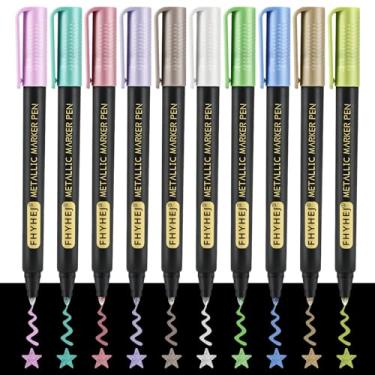 Imagem de Fhyhej Canetas marcadoras metálicas – Marcadores de tinta acrílica de 10 cores com pontas médias de 2,0 mm para pintura rupestre, arte em papel preto e scrapbook | Tinta metálica para artesanato faça